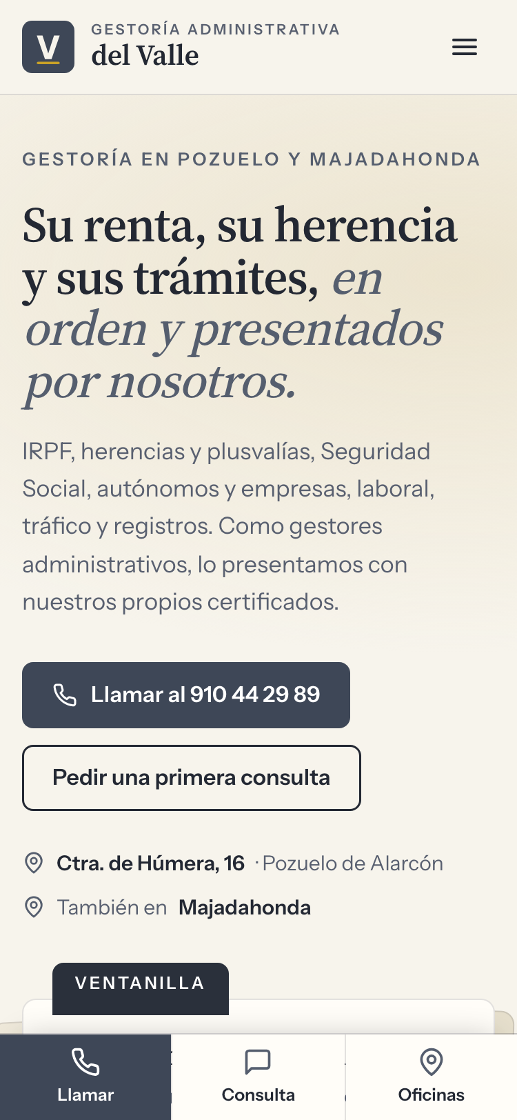 Captura de la web nueva de Gestoría Administrativa del Valle en un móvil